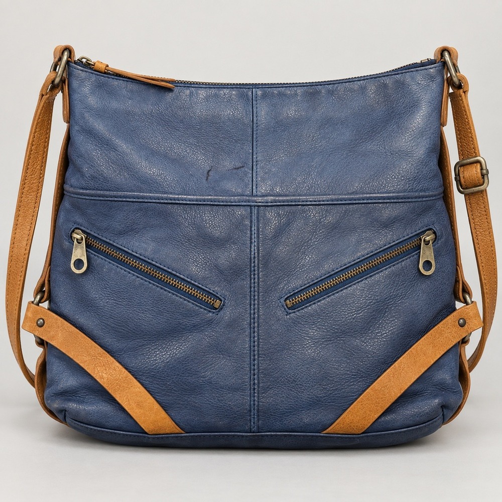 Lucky Brand Crossbody Bag Medium Blue Leather Tan Straps Boho Messenger Purse